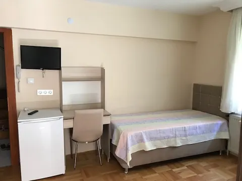 LED TV, mini buzdolabı ve çalışma masası bulunan oda